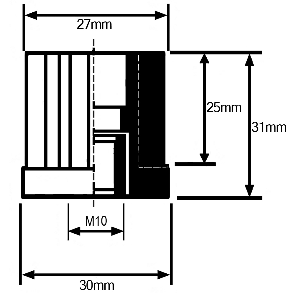 Threaded insert 30x30 M10 1.5mm 500kg - Dimensions