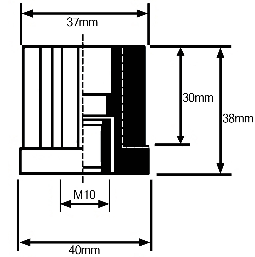 Threaded insert 40x40 M10 1.5mm 500kg - Dimensions