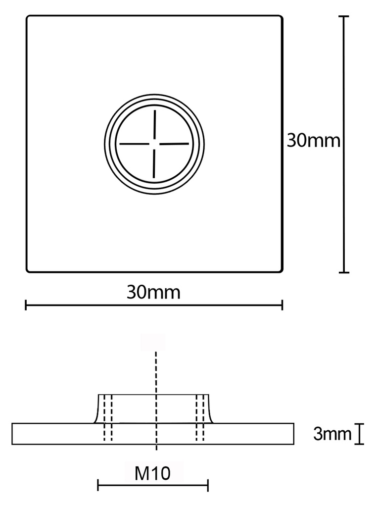 30x30x3mm M10 Stainless steel weld on plate AISI 304/A2 - Dimensions