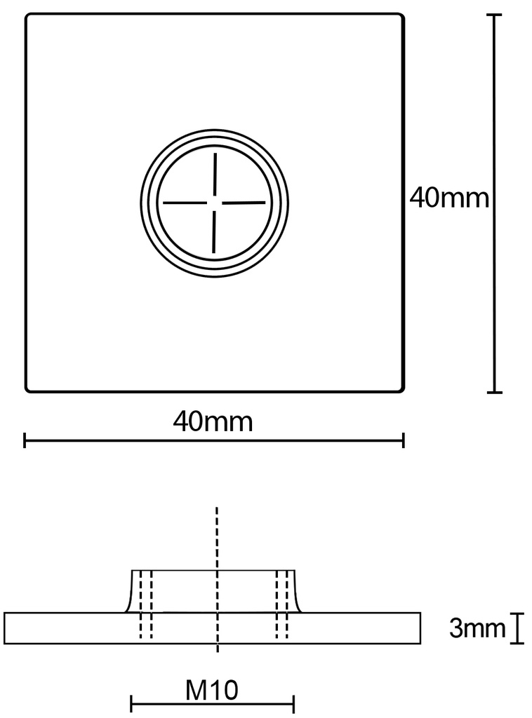 40x40x3mm M10 Stainless steel weld on plate AISI 304/A2 - Dimensions