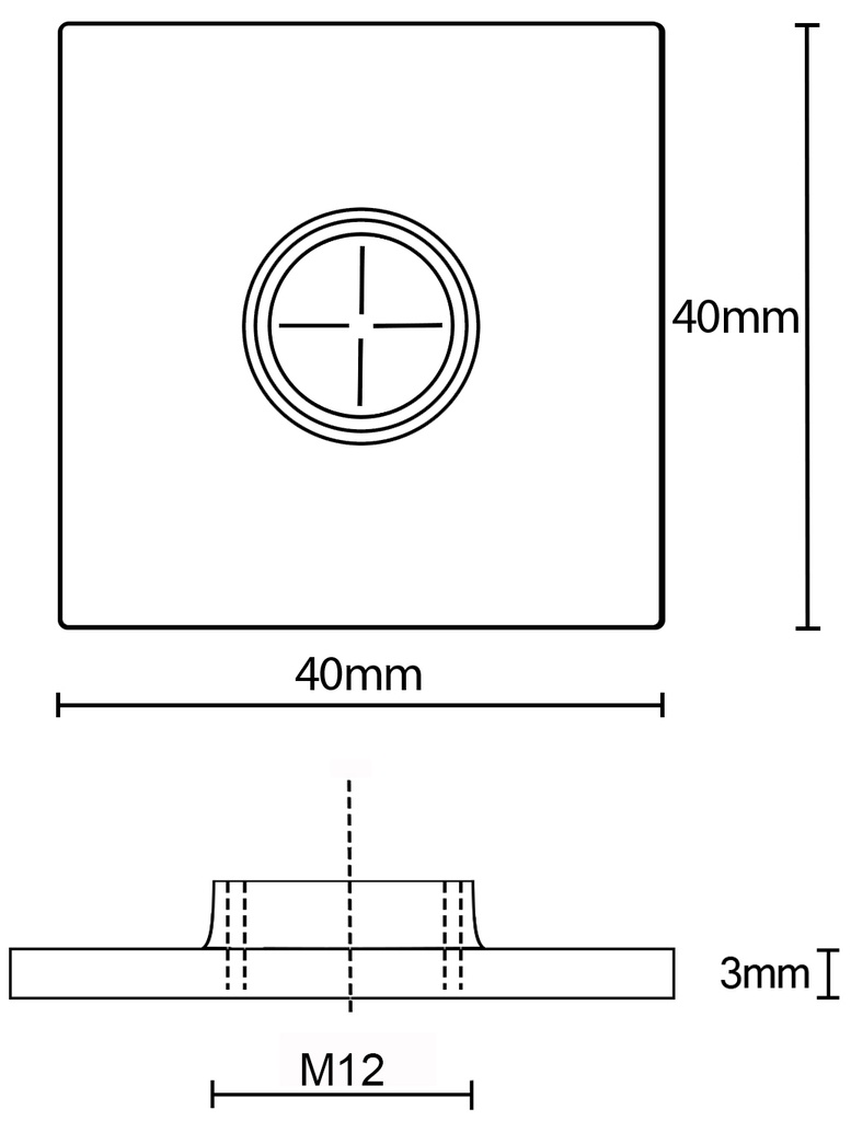 40x40x3mm M12 Stainless steel weld on plate AISI 304/A2 - Dimensions