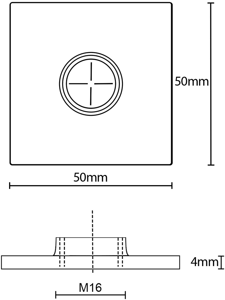 50x50x4mm M16 Stainless steel weld on plate AISI 304/A2 - Dimensions