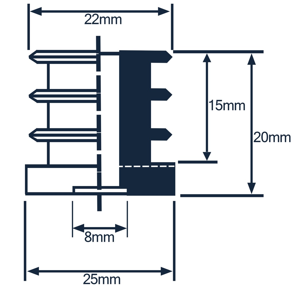 Plastic square threaded insert 25x25 M8 (1.25/1.5mm) Drawing with Dimensions