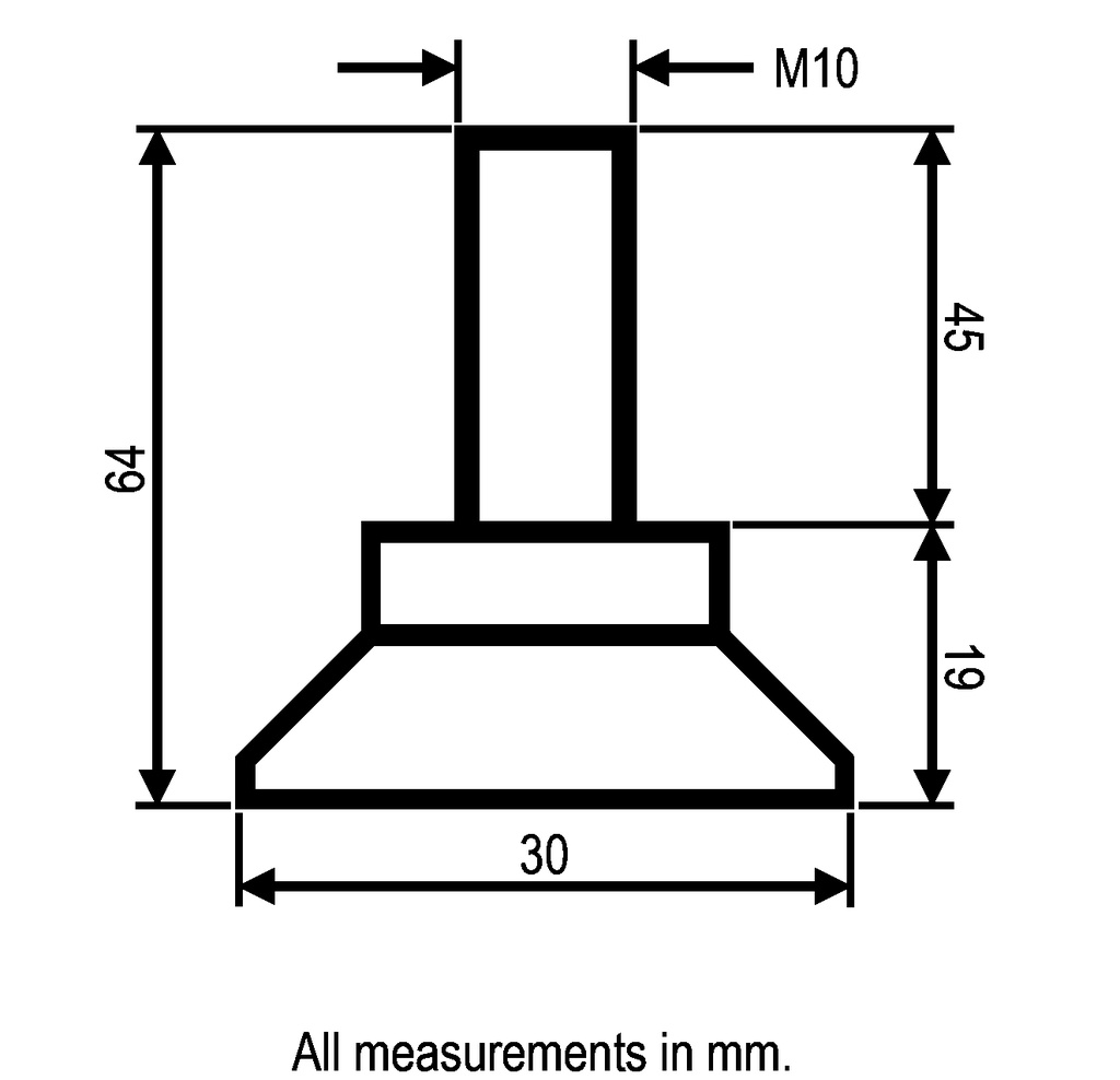 M10x45 Zinc plated non-tilt levelling foot with 30mm plastic base 1000kg - Dimensions