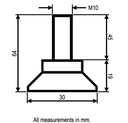 M10x45 Zinc plated non-tilt levelling foot with 30mm plastic base 1000kg - Dimensions