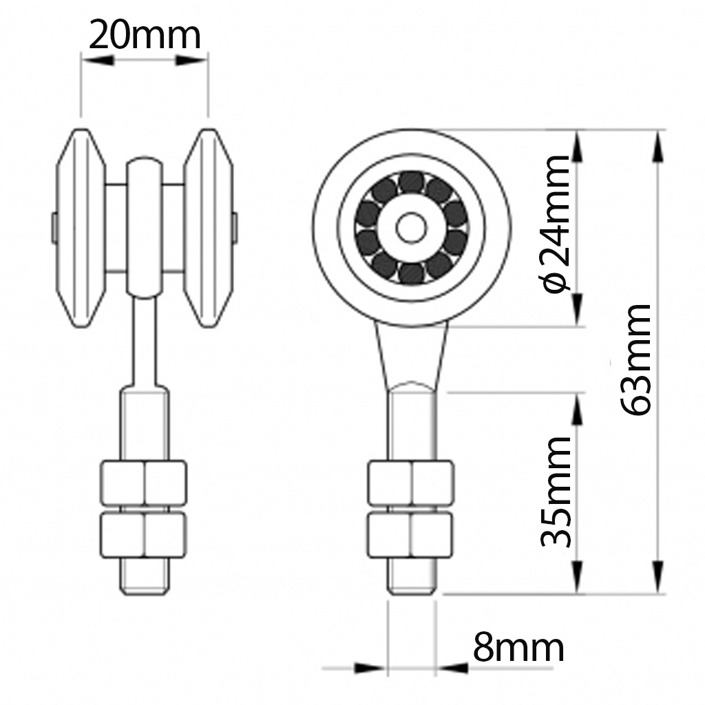 2 Wheel Carriage for overhead track #1(30kg each) Drawing with Dimensions