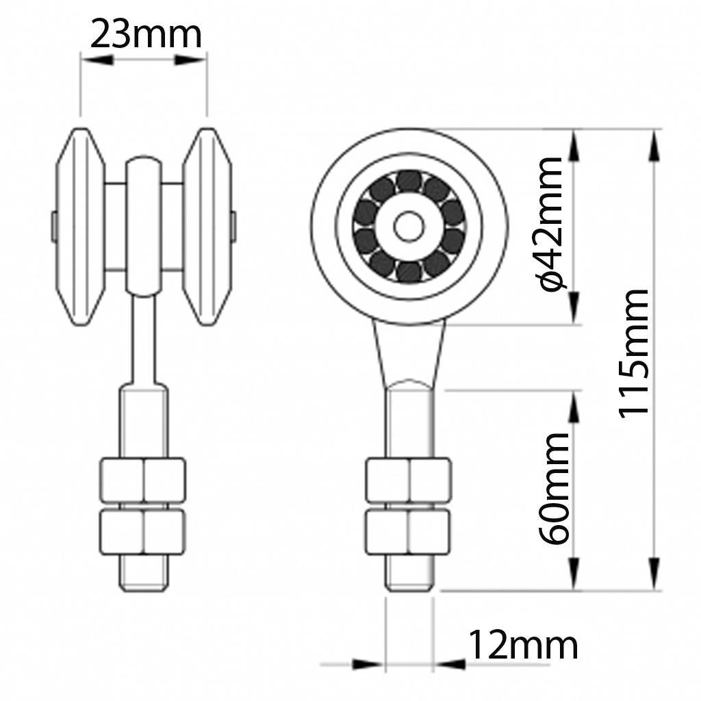 2 Wheel Carriage for track #2 (100kg each) Drawing with Dimensions
