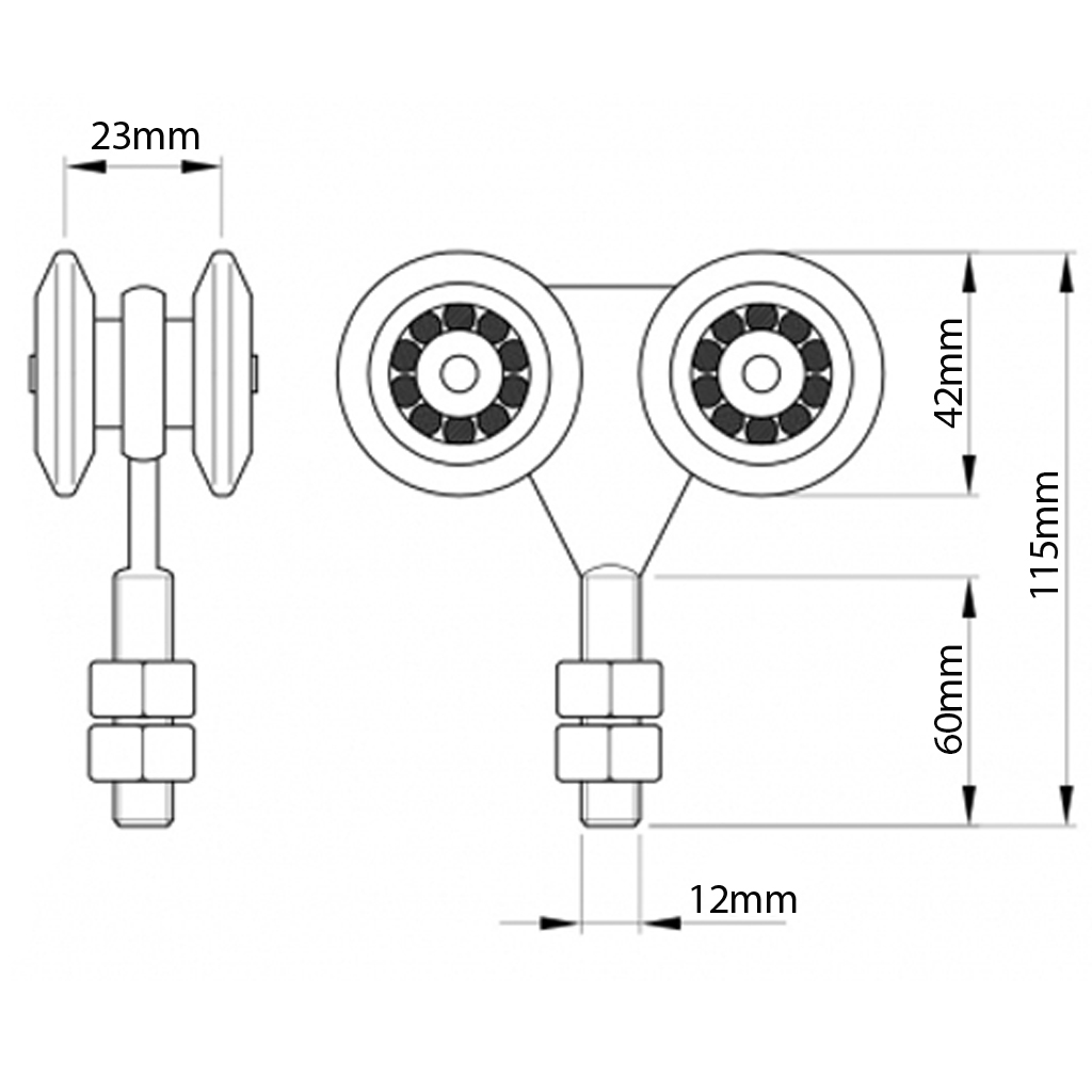 4 Wheel Carriage for track #2 (225kg each) Drawing with Dimensions