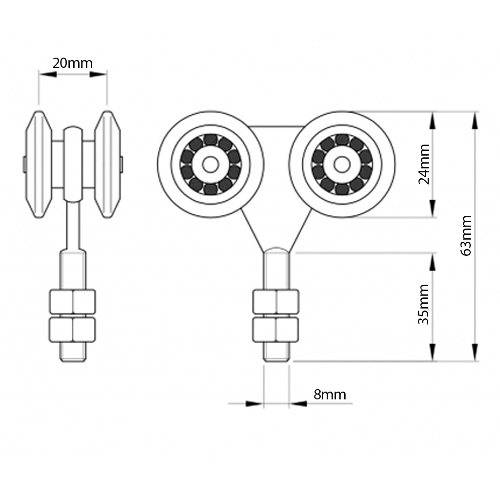 4 wheel carriage for overhead track #1 (43kg each) Drawing with Dimensions