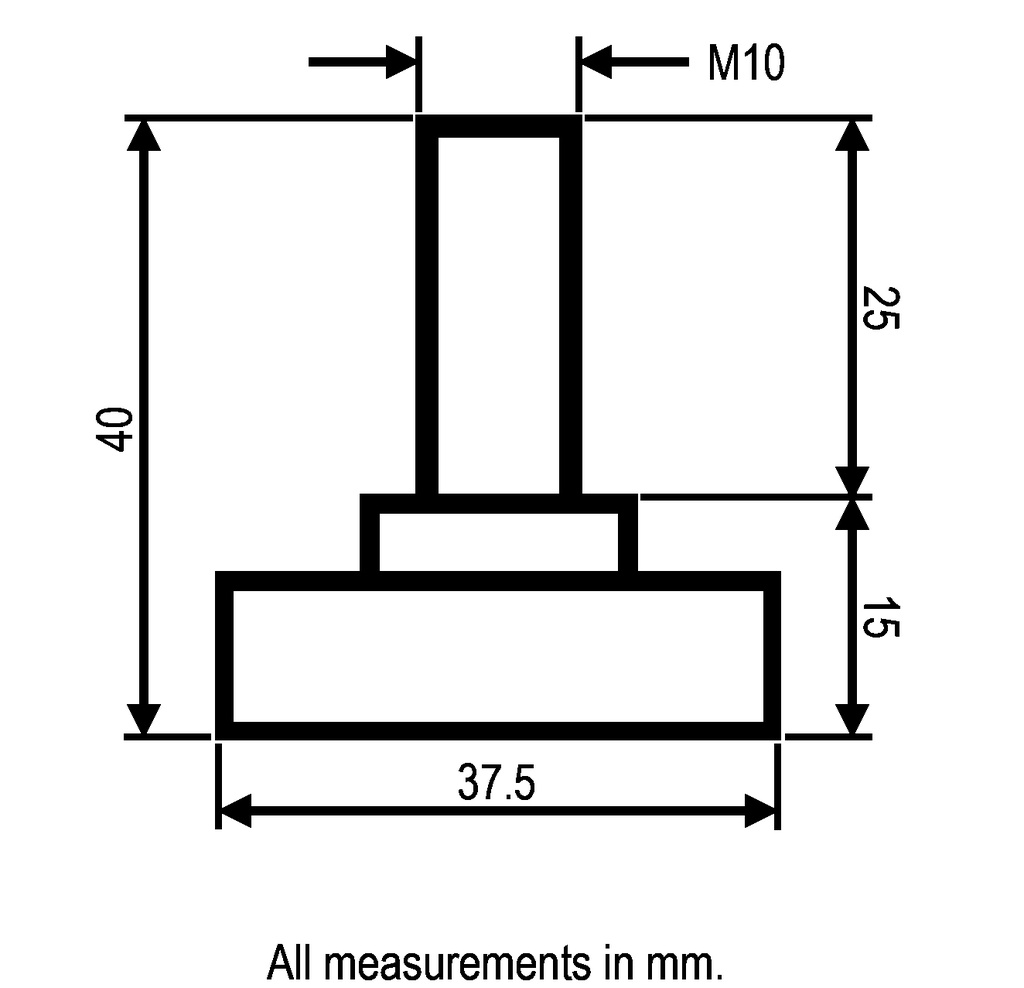 M10x25 Zinc plated non-tilt levelling foot with 37mm plastic base 750kg - Dimensions