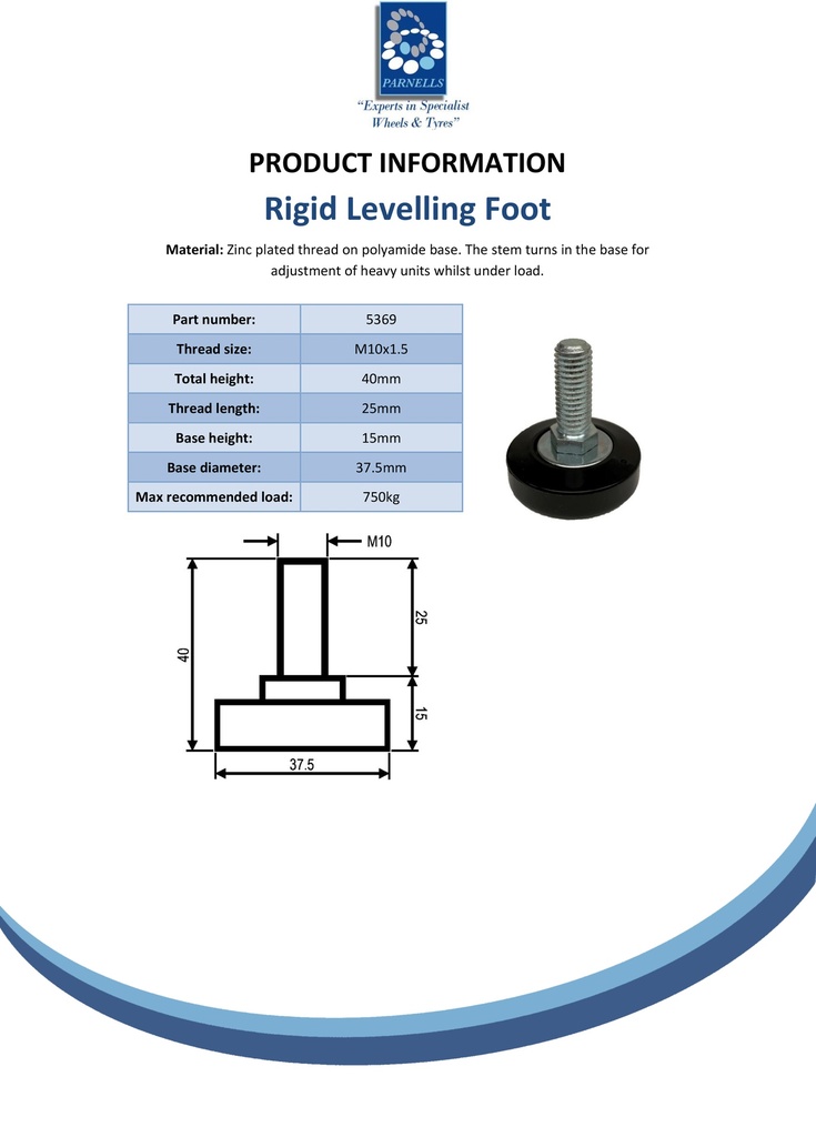 M10x25 Zinc plated non-tilt levelling foot with 37mm plastic base 750kg - Spec sheet