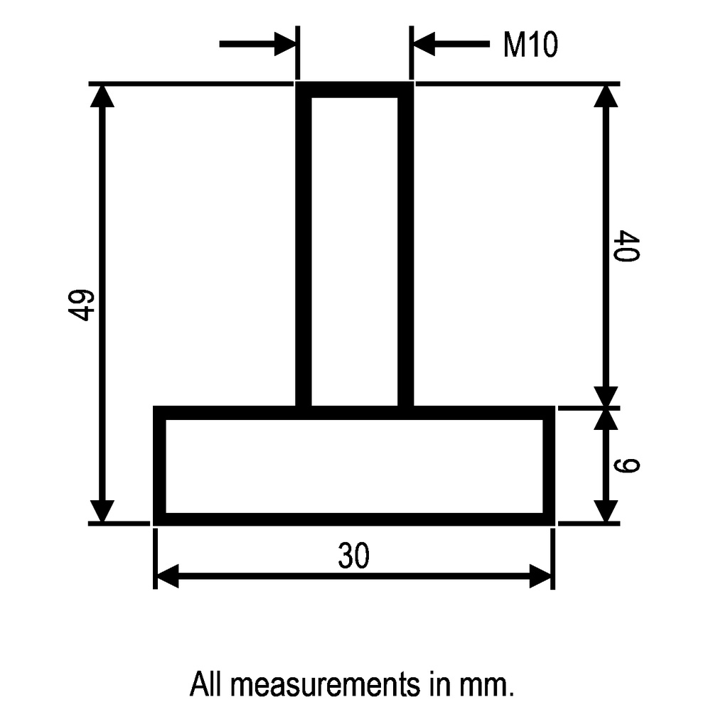 M10x40 Zinc plated rigid levelling foot with 30mm plastic base 500kg - Dimensions