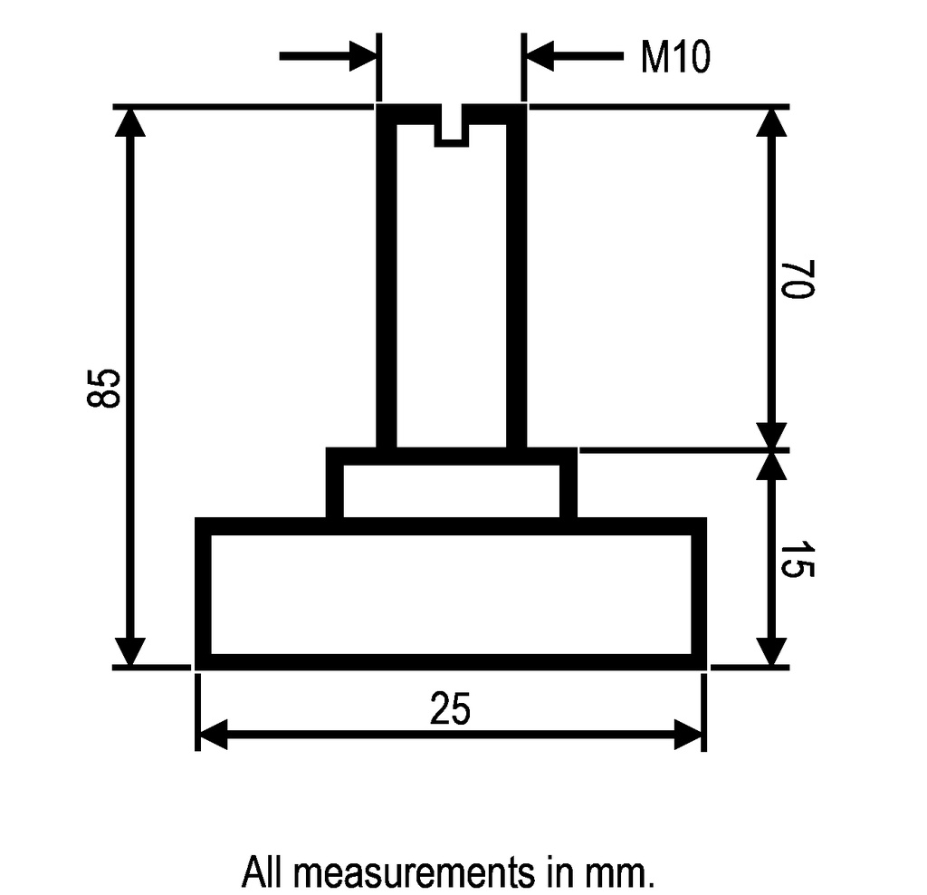 M10x70 Zinc plated non-tilt levelling foot with 25mm plastic base 500kg with slot - Dimensions