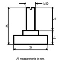 M10x70 Zinc plated non-tilt levelling foot with 25mm plastic base 500kg with slot - Dimensions