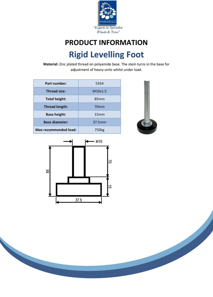 M10x70 Zinc plated non-tilt levelling foot with 37mm plastic base 750kg - Spec sheet