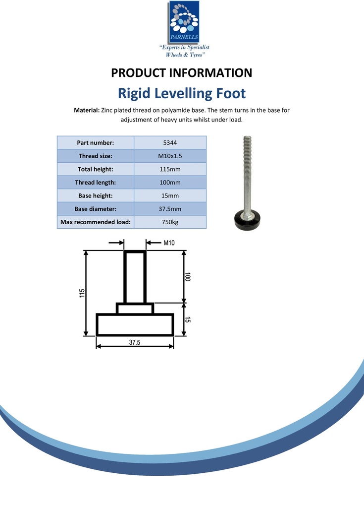 M10x100 Zinc plated non-tilt levelling foot with 37.5mm plastic base 750kg - Spec sheet