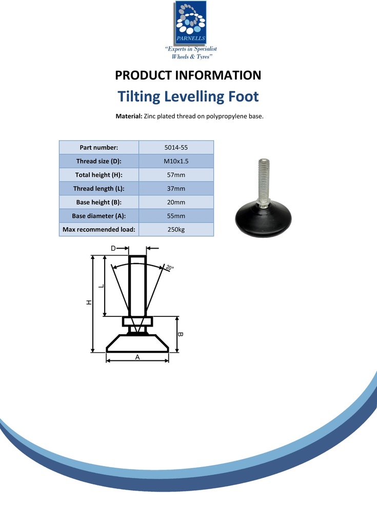 M10x37 Zinc plated tilting levelling foot with 55mm plastic base 250kg - Spec sheet