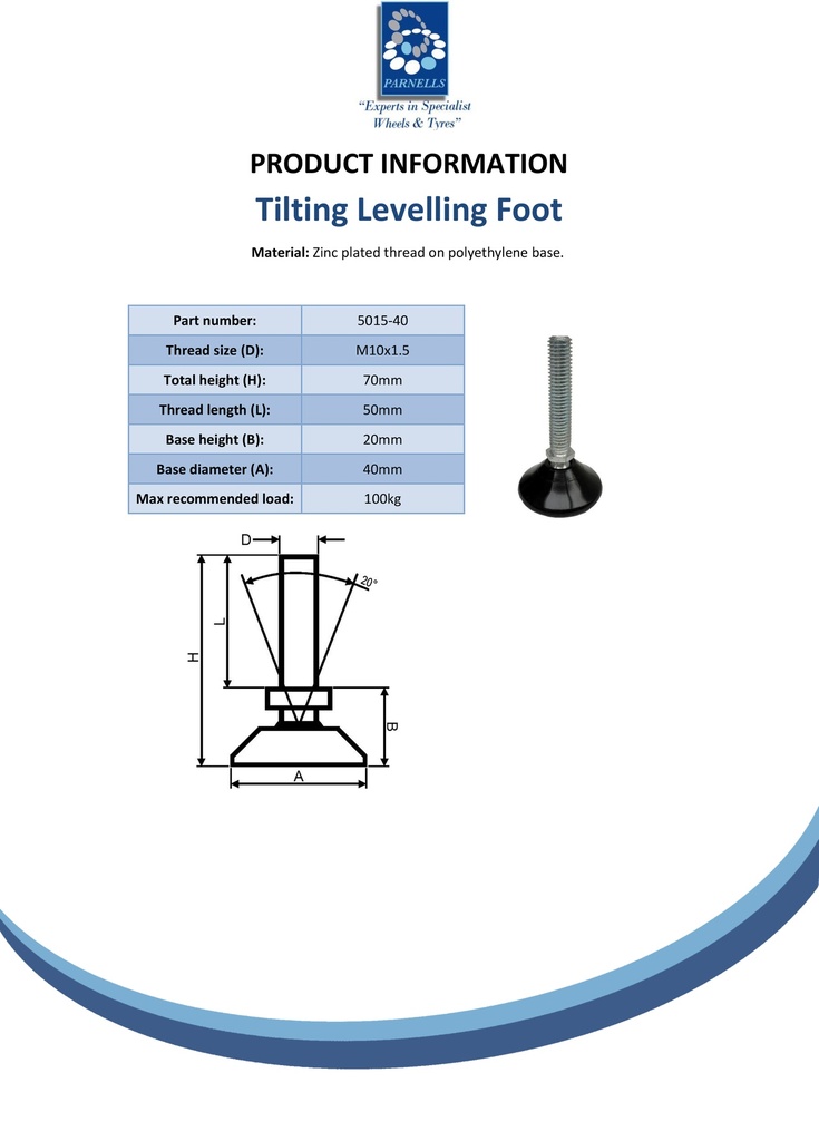 M10x50 Zinc plated tilting levelling foot with 40mm plastic base 100kg - Spec sheet