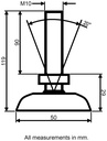 M10x90 Zinc plated tilting levelling foot with 50mm plastic base 470kg - Dimensions