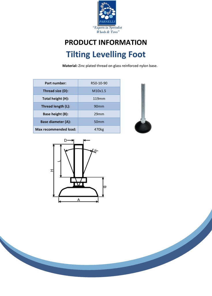 M10x90 Zinc plated tilting levelling foot with 50mm plastic base 470kg - Spec sheet