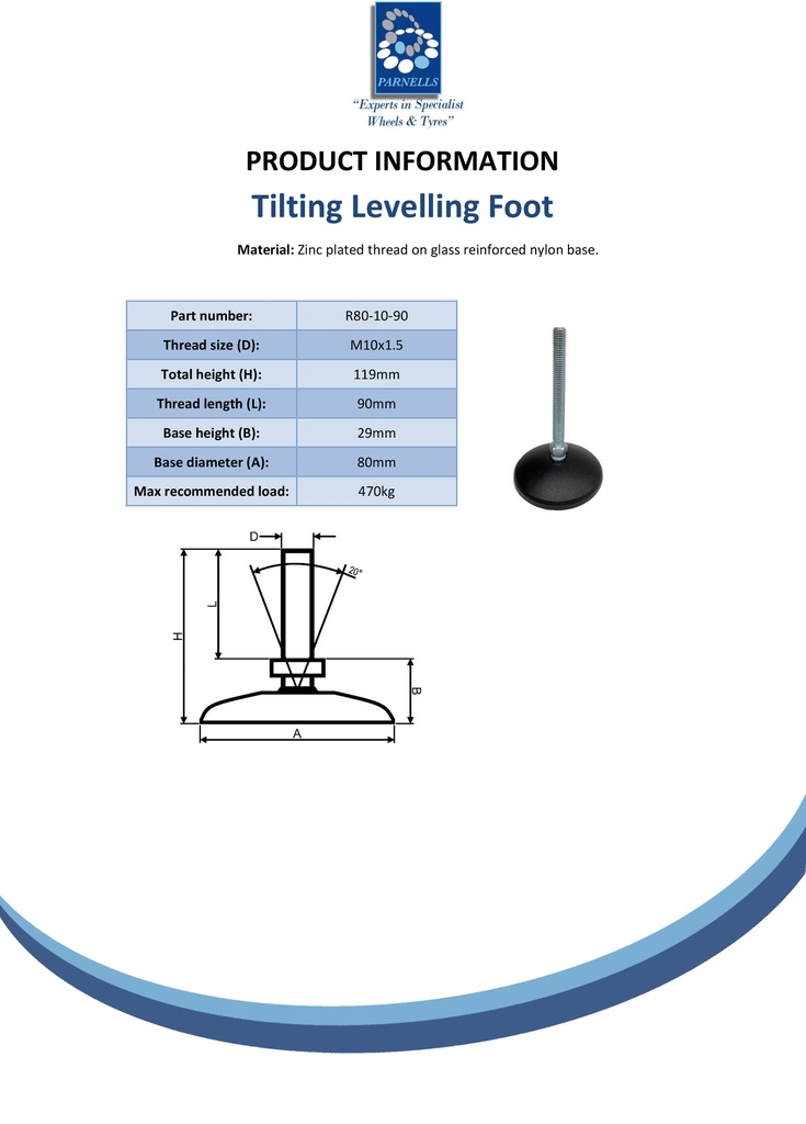 M10x90 Zinc plated tilting levelling foot with 80mm plastic base 470kg - Spec sheet