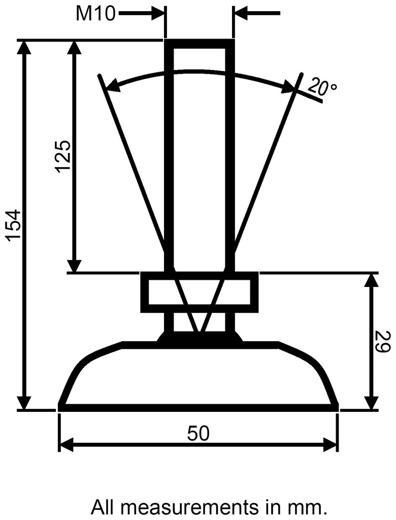 M10x125 Zinc plated tilting levelling foot with 50mm plastic base 470kg - Dimensions