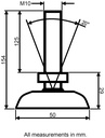 M10x125 Zinc plated tilting levelling foot with 50mm plastic base 470kg - Dimensions