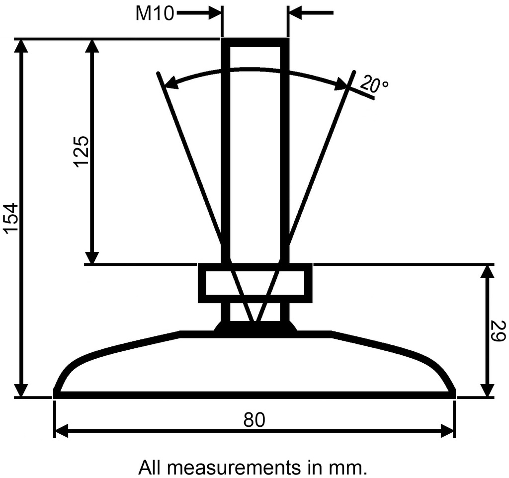 M10x125 Zinc plated tilting levelling foot with 80mm plastic base 470kg - Dimensions