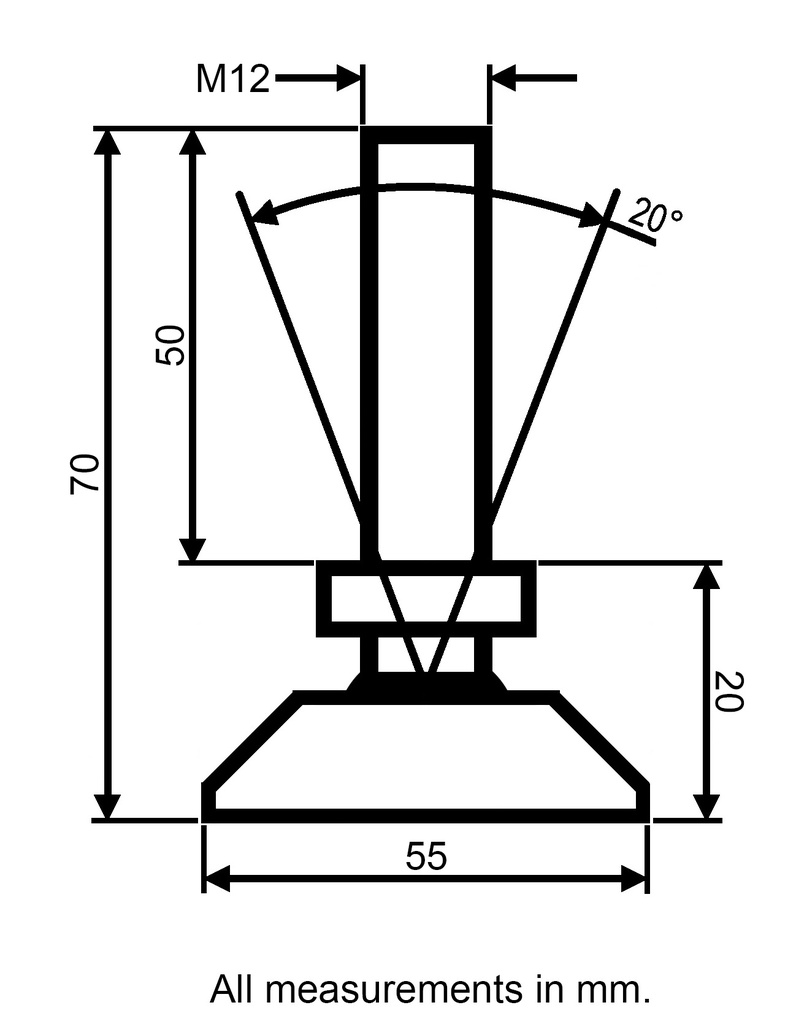M12x50 Zinc plated tilting levelling foot with 55mm plastic base 250kg - Dimensions