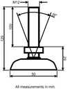 M12x100 Zinc plated tilting levelling foot with 50mm plastic base 470kg - Dimensions