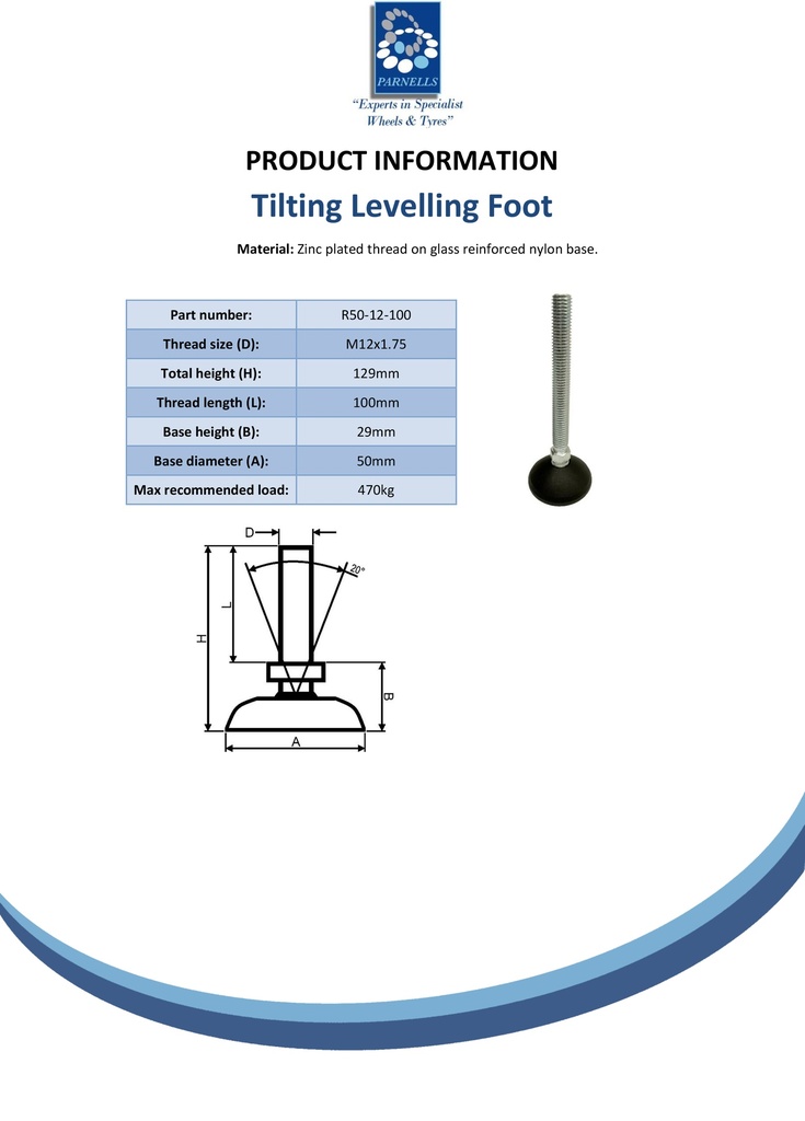 M12x100 Zinc plated tilting levelling foot with 50mm plastic base 470kg - Spec sheet