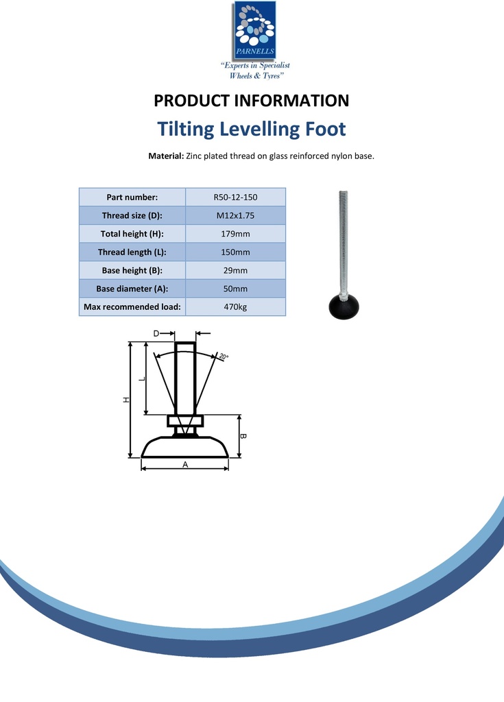 M12x150 Zinc plated tilting levelling foot with 50mm plastic base 470kg - Spec sheet
