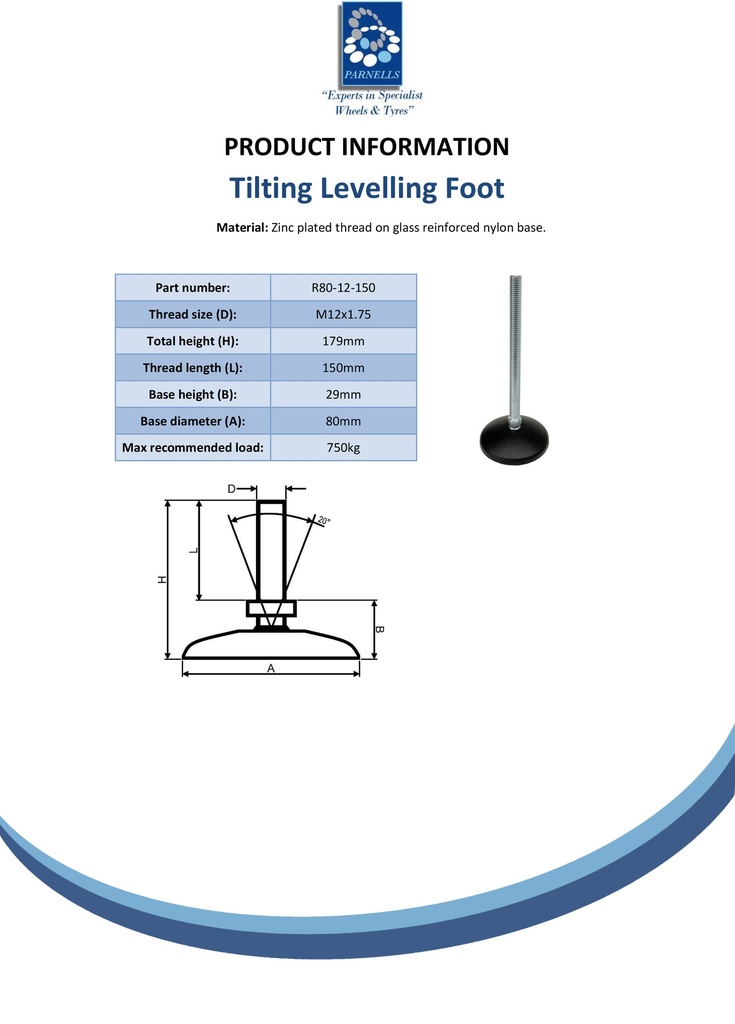 M12x150 Zinc plated tilting levelling foot with 80mm plastic base 750kg - Spec sheet