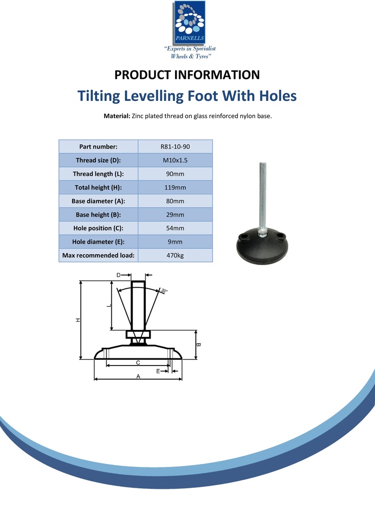 M10x90 Zinc plated tilting levelling foot, 80mm plastic base with holes 470kg - Spec sheet