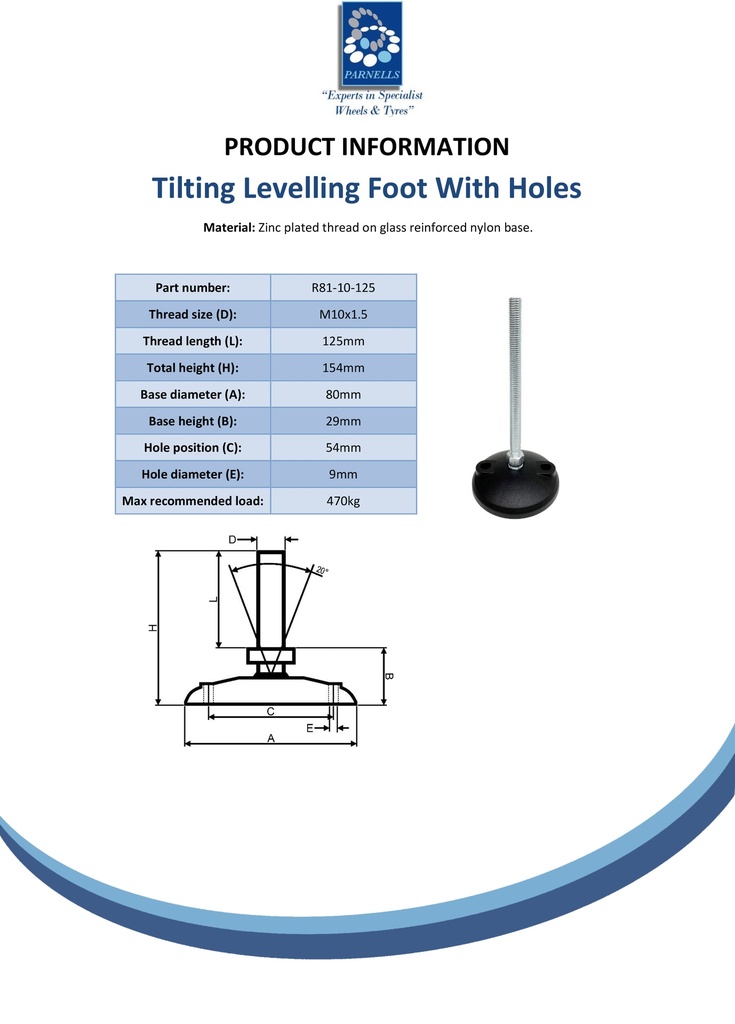 M10x125 Zinc plated tilting levelling foot, 80mm plastic base with holes 470kg - Spec sheet