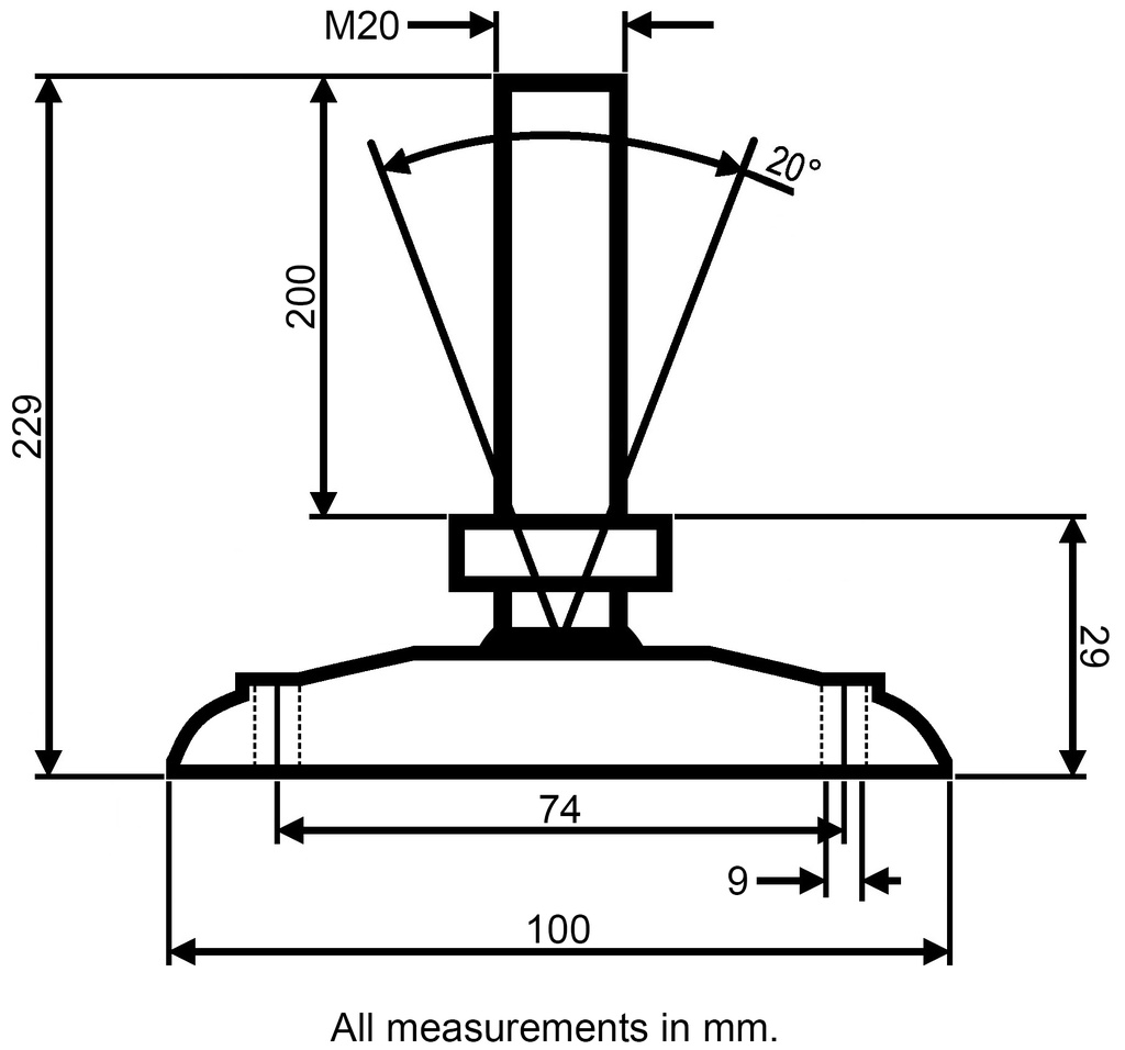M20x200 Zinc plated tilting levelling foot, 100mm plastic base with holes 900kg - Dimensions