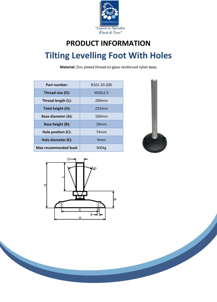 M20x200 Zinc plated tilting levelling foot, 100mm plastic base with holes 900kg - Spec sheet