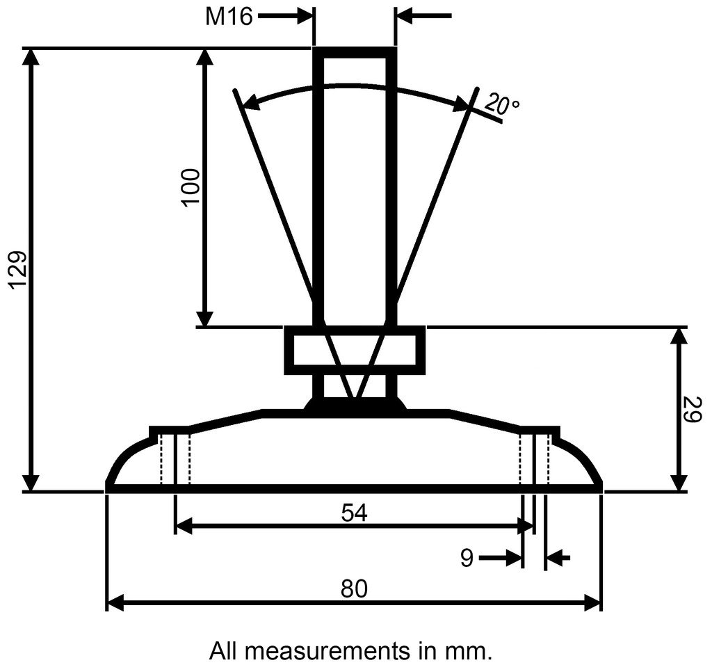 M16x100 Zinc plated tilting levelling foot, 80mm plastic base with holes 900kg - Dimensions