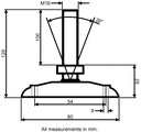 M16x100 Zinc plated tilting levelling foot, 80mm plastic base with holes 900kg - Dimensions