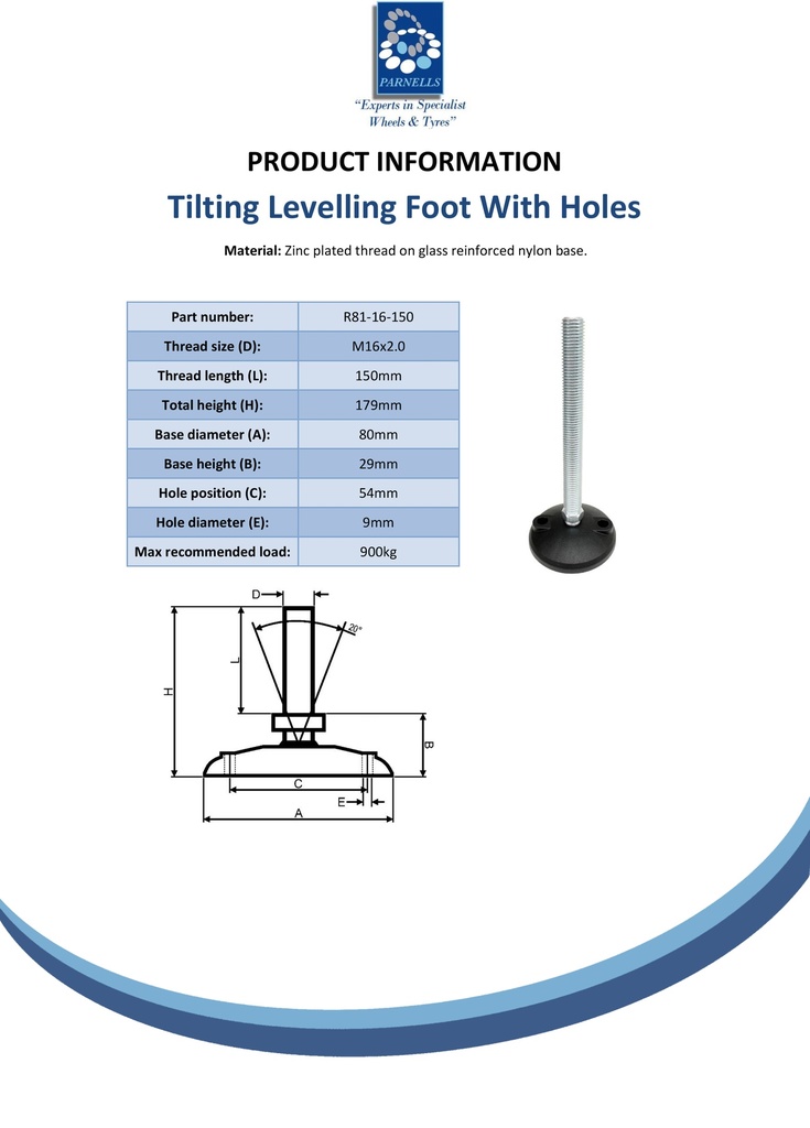 M16x150 Zinc plated tilting levelling foot, 80mm plastic base with holes 900kg - Spec sheet
