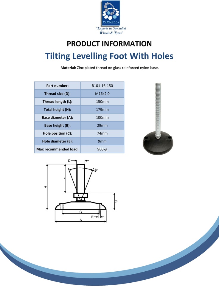 M16x150 Zinc plated tilting levelling foot, 100mm plastic base with holes 900kg - Spec sheet
