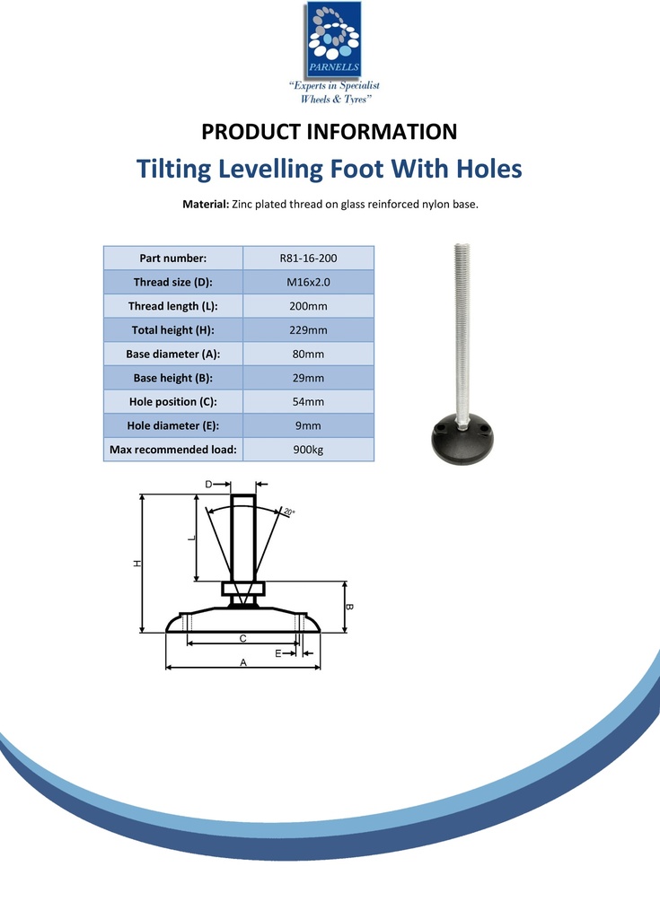 M16x200 Zinc plated tilting levelling foot, 80mm plastic base with holes 900kg - Spec sheet