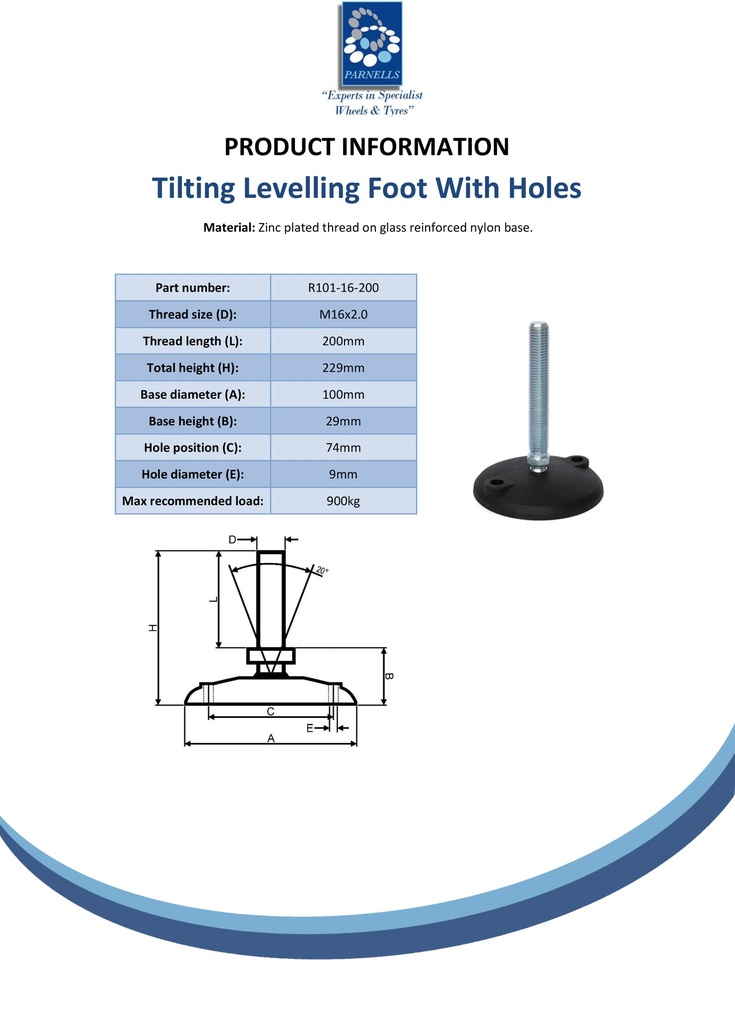 M16x200 Zinc plated tilting levelling foot 100mm plastic base with holes 900kg - Spec sheet