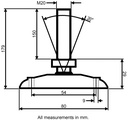 M20x150 Zinc plated tilting levelling foot, 80mm plastic base with holes 900kg - Dimensions