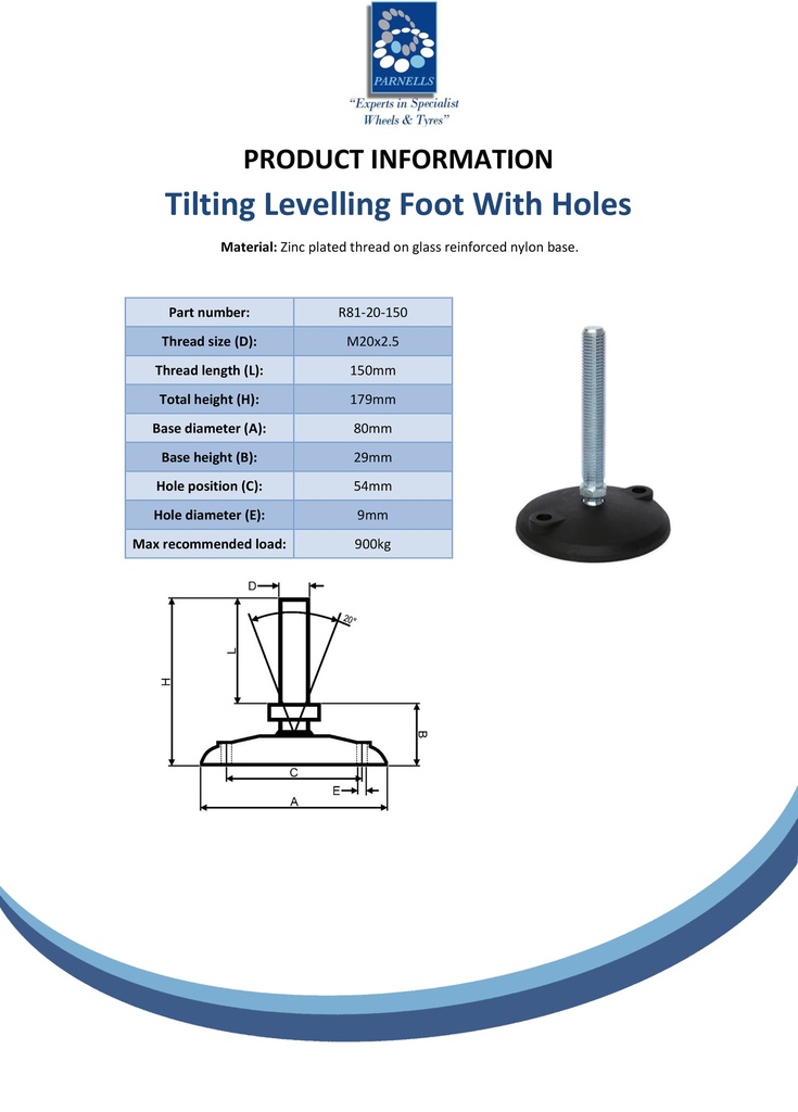 M20x150 Zinc plated tilting levelling foot, 80mm plastic base with holes 900kg - Spec sheet