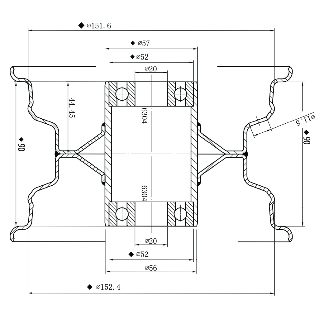 15x6.00-6 4pr Wanda P332 grass tyre E-marked on steel rim 20mm ball bearing 90mm hub length, 259kg load capacity rim drawing