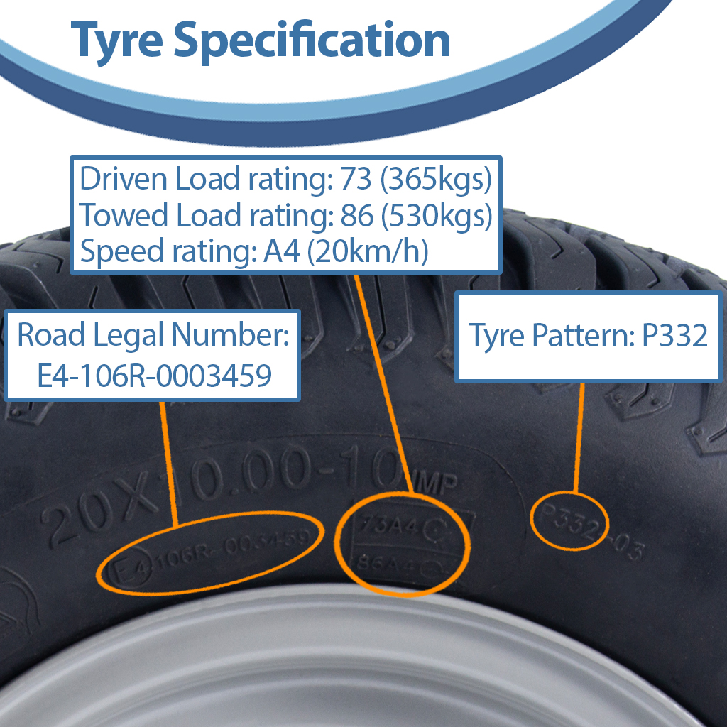 20x10.00-10 4ply P332 GRASS on 4/100 RIM specification