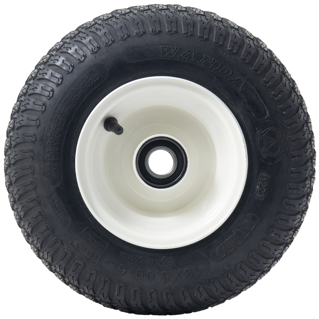 13x5.00-6 4ply P332 grass tyre on White 25x80mm ball bearing rim + cap side view