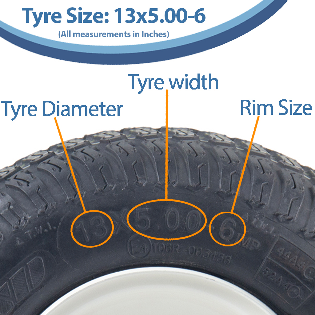13x5.00-6 4ply P332 grass tyre on White 25x80mm ball bearing rim + cap size with dimensions
