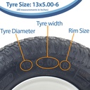 13x5.00-6 4ply P332 grass tyre on White 25x80mm ball bearing rim + cap size with dimensions